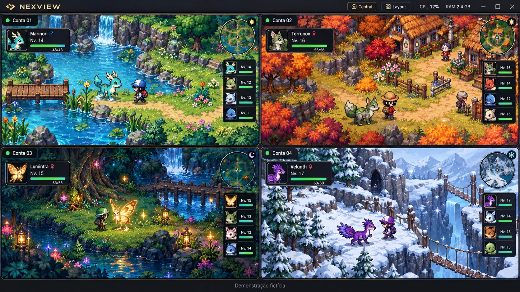 Demonstração fictícia do NexView com quatro contas de um RPG de criaturas originais